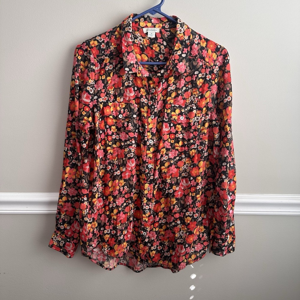 Sundance Dark Floral Button Down Top Long Sleeve M Cotton Red Orange Botanical